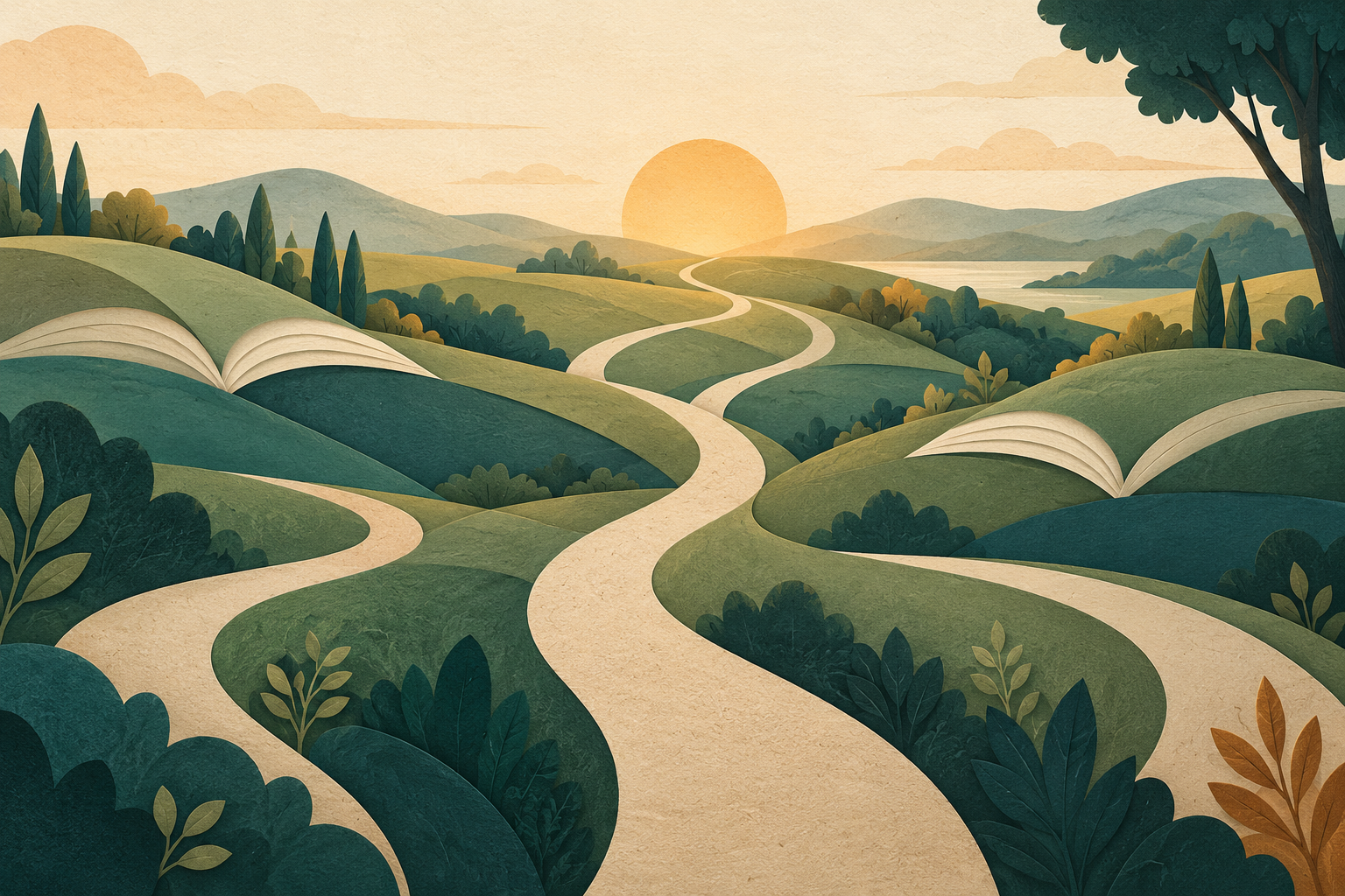 Illustrated paths through green prairie hills toward a warm sun, inspired by learning and discovery.