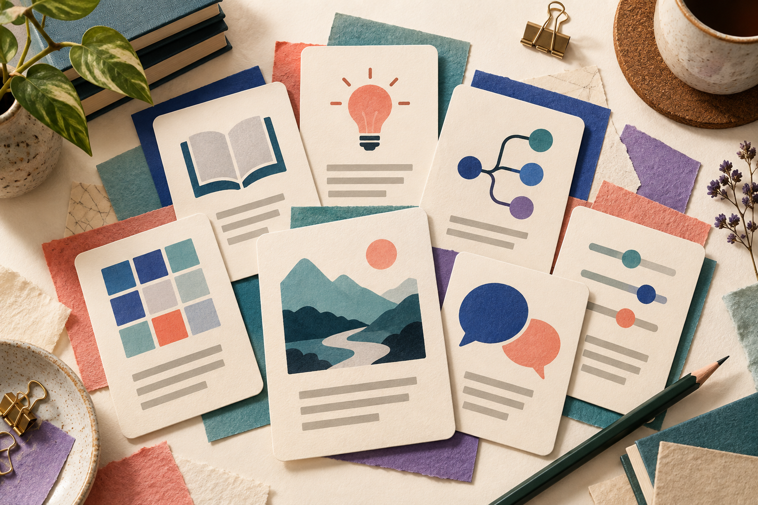 A fan of activity cards represents ideas, research, cases, evidence, images, discussion, and interaction.