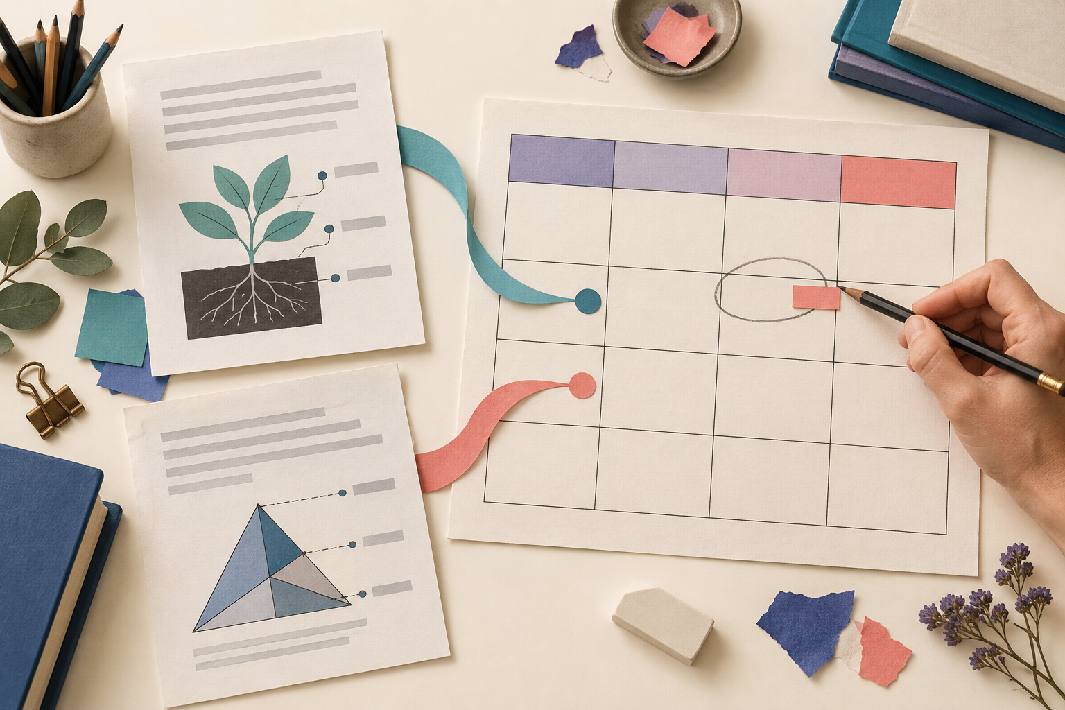 Two fictional work samples connect to a rubric while a pencil marks a boundary for revision.