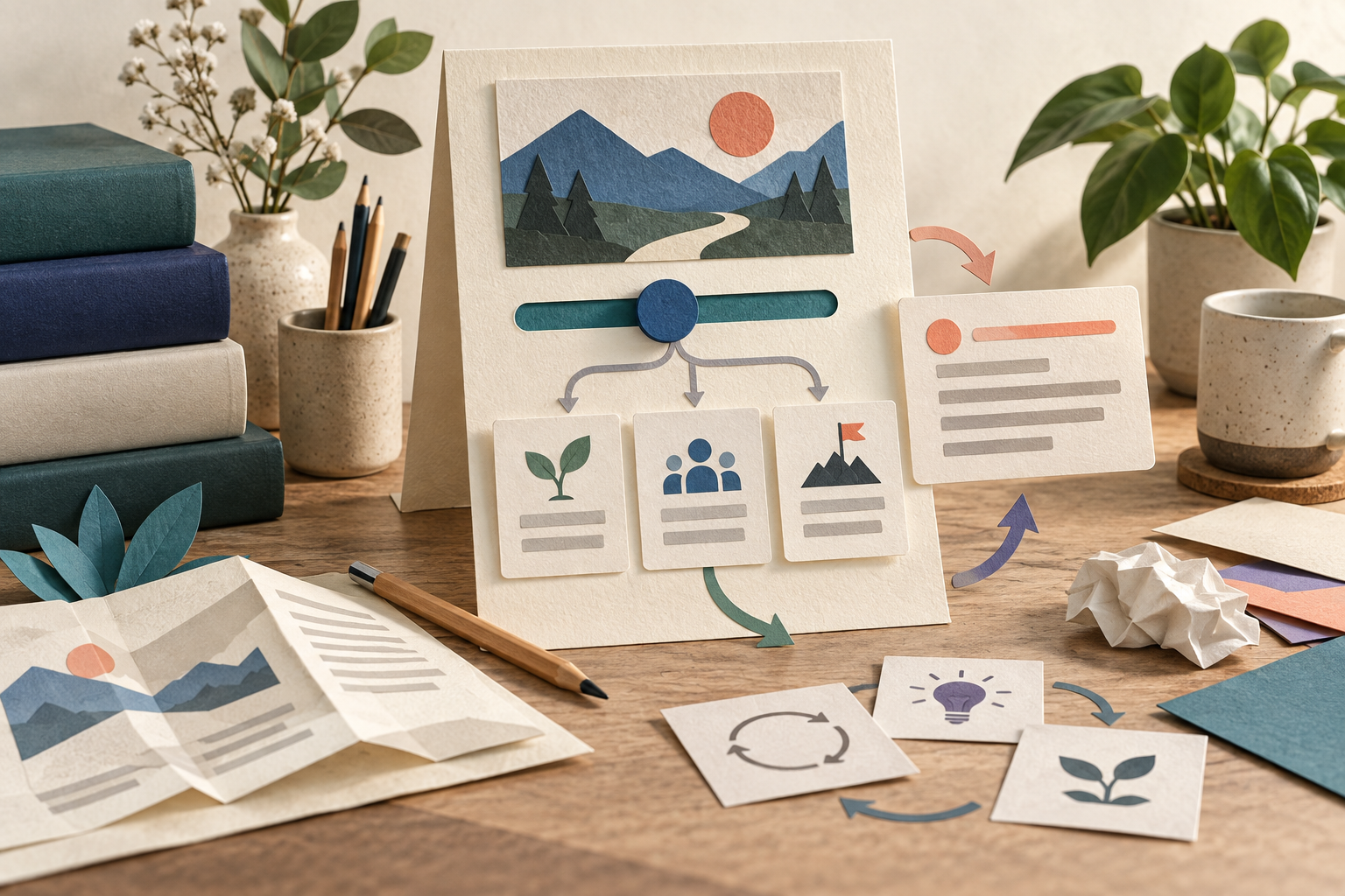 A physical paper learning module includes a slider, branching choices, and a feedback panel.