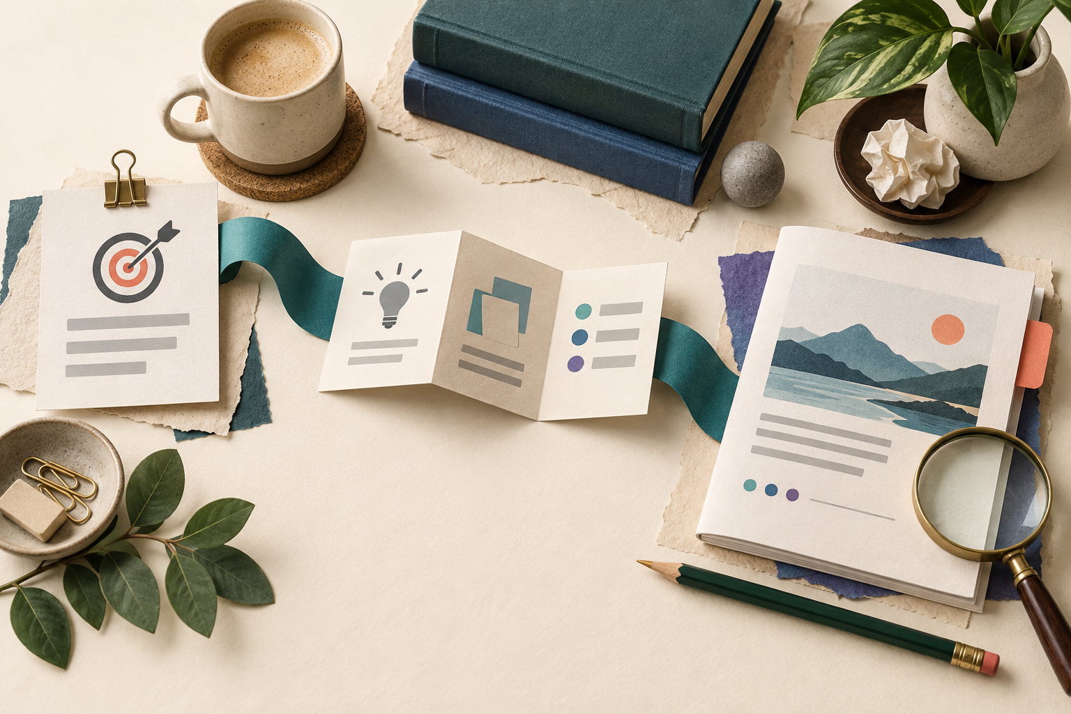 A course brief, folded plan, and reviewed teaching booklet connected across a paper-and-ink workbench.