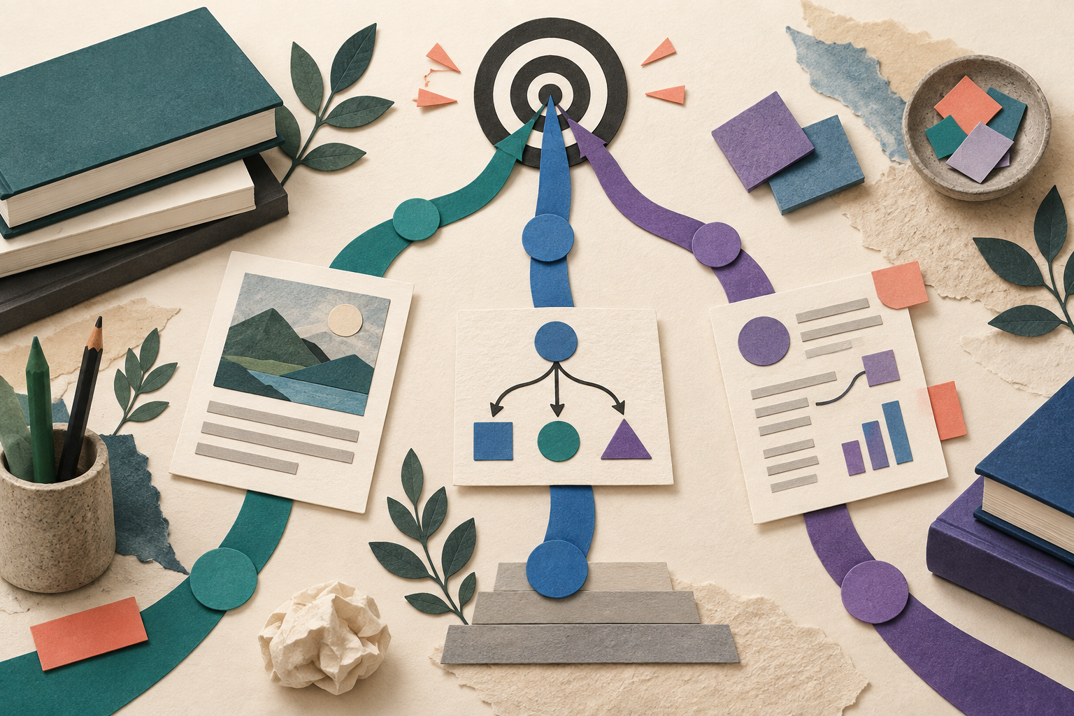 Different learning paths converge on a shared goal, passing through varied student work.