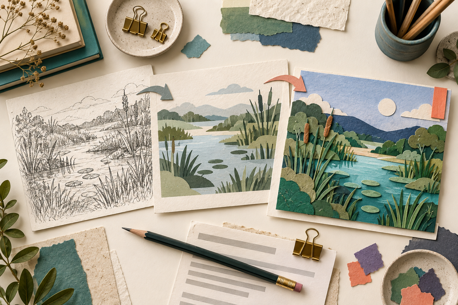 Three wetland illustrations progress from a busy sketch to a focused paper collage.