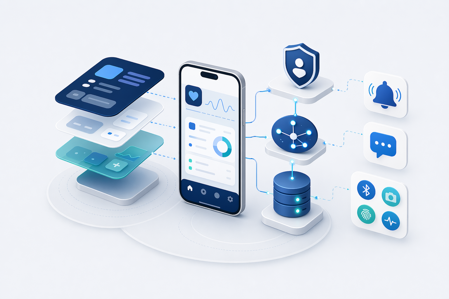 Illustration of a layered app system with user interface, authentication, API, database, notifications, and device permissions.