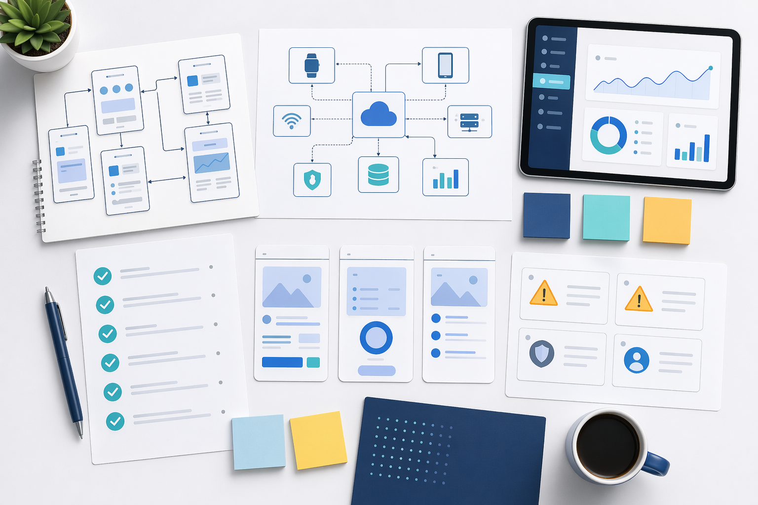 Medtech product planning artifacts including screen flows, architecture sketches, tests, and risk cards.