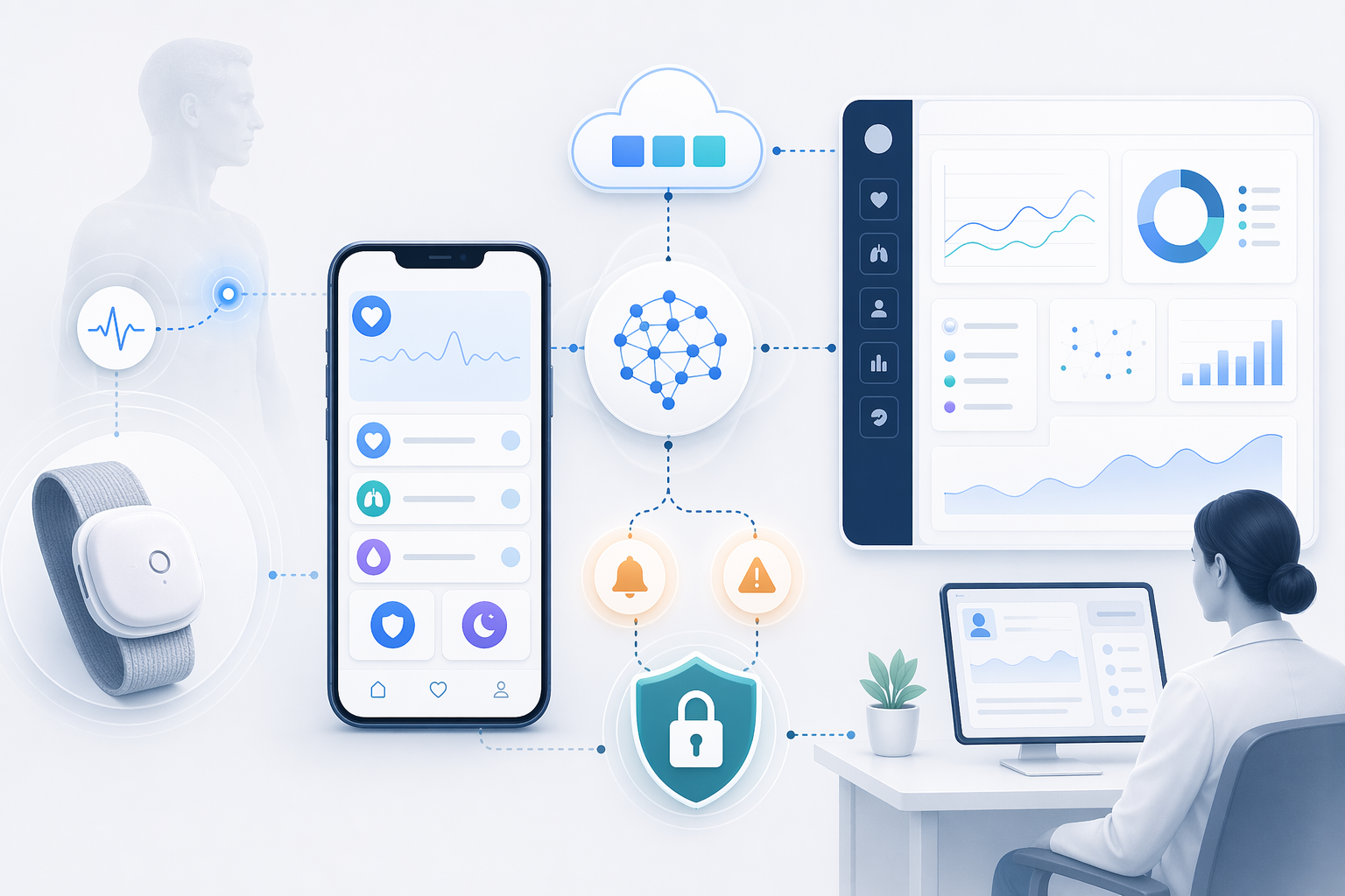 Illustration of the fictional HomeGuard pilot with wearable sensor, patient app, clinician dashboard, advisory AI, and cloud workflow.