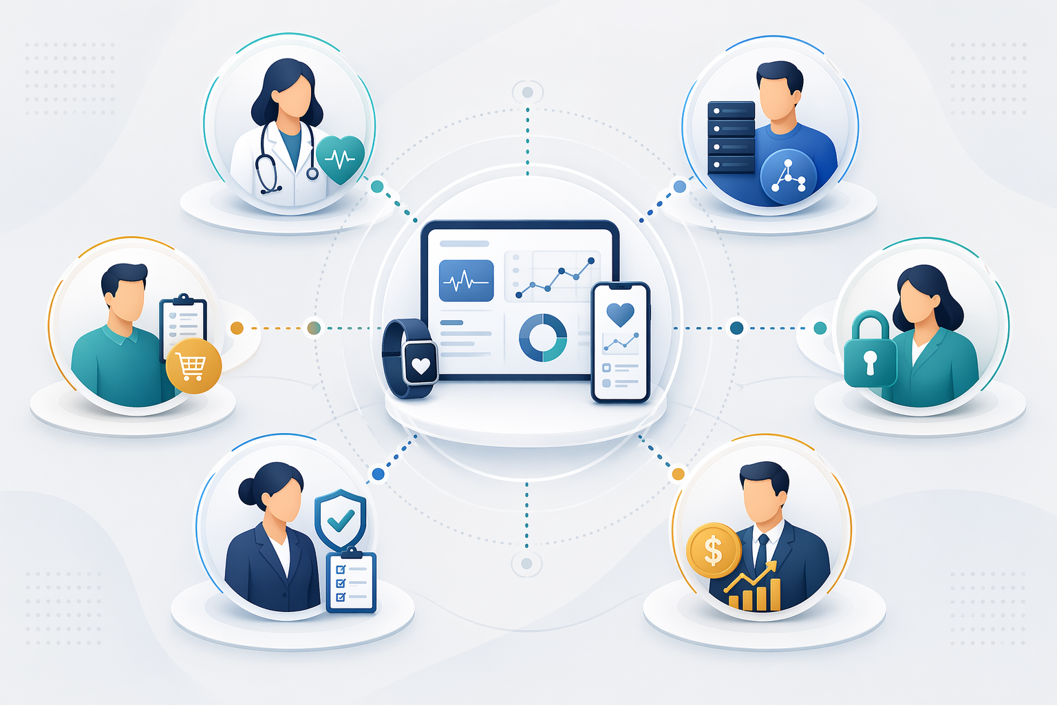 Illustration of clinical, IT, privacy, procurement, quality, regulatory, and finance stakeholders around a medtech product.
