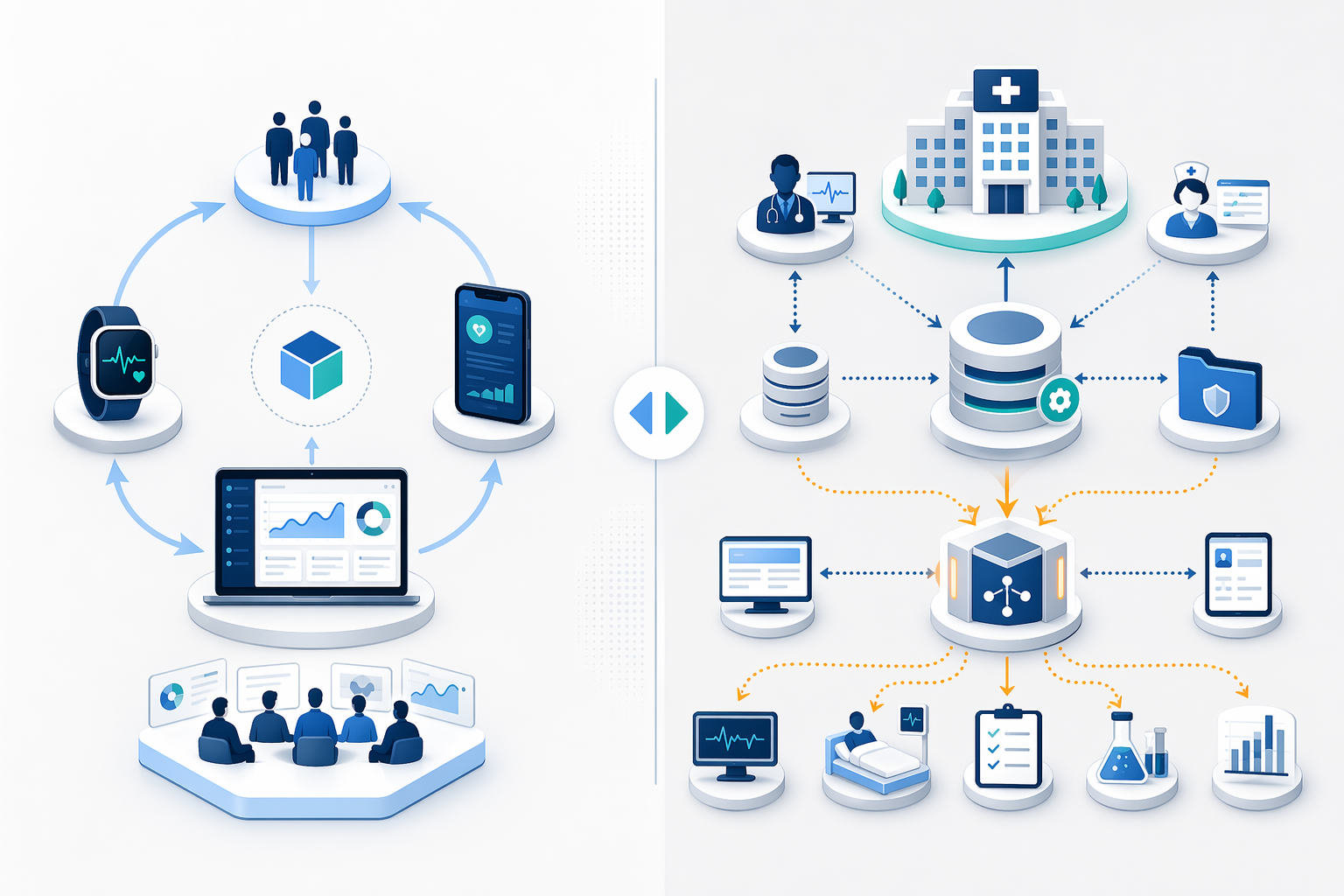Illustration comparing a standalone medtech product path with an EHR-integrated ecosystem path.