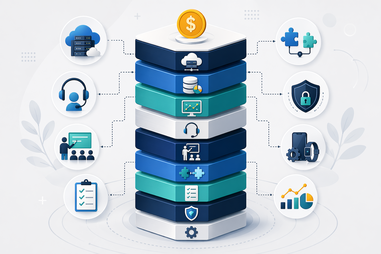 Illustration of total cost of ownership across cloud, support, training, integration, validation, security, maintenance, and operations.