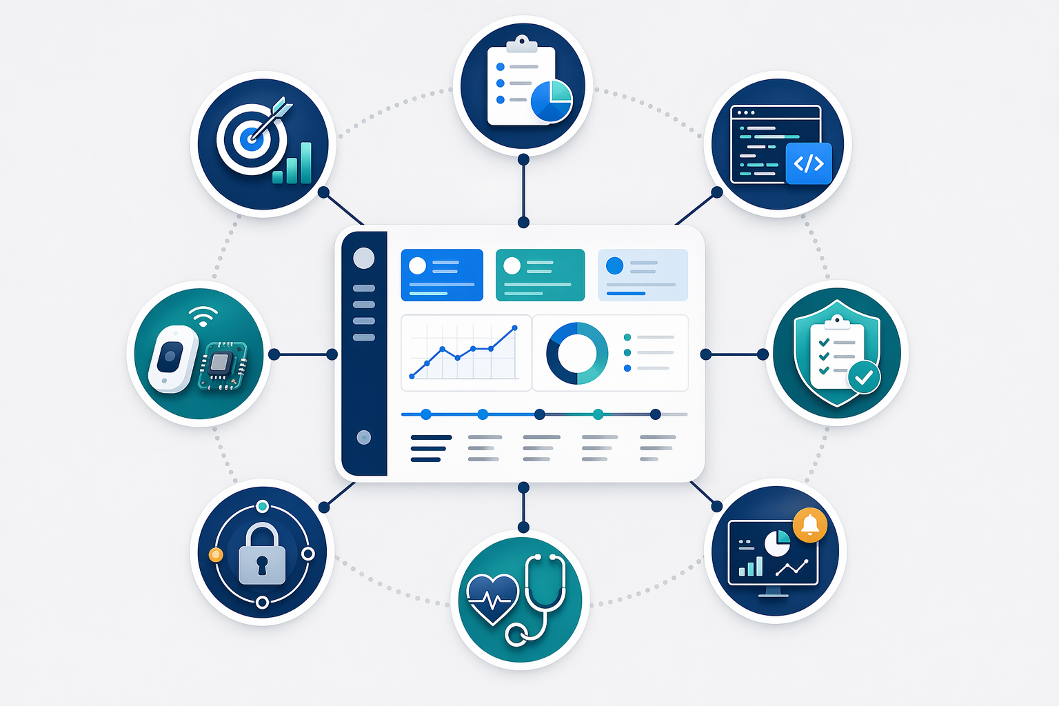 Illustration of medtech team capabilities connecting product, software, hardware, quality, regulatory, security, clinical, and operations work.