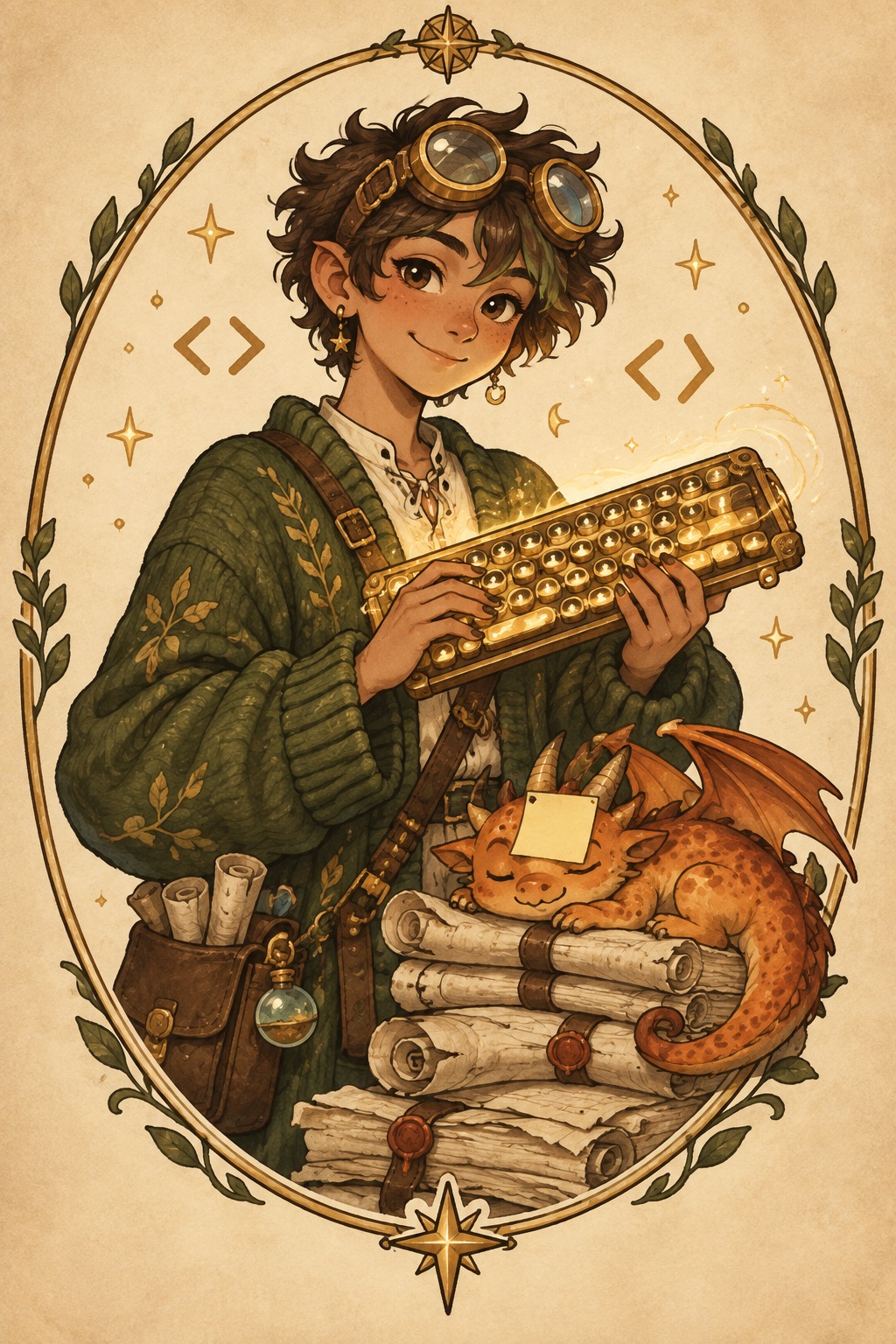A coding apprentice holding a brass keyboard beside a sleepy orange dragon on scrolls.