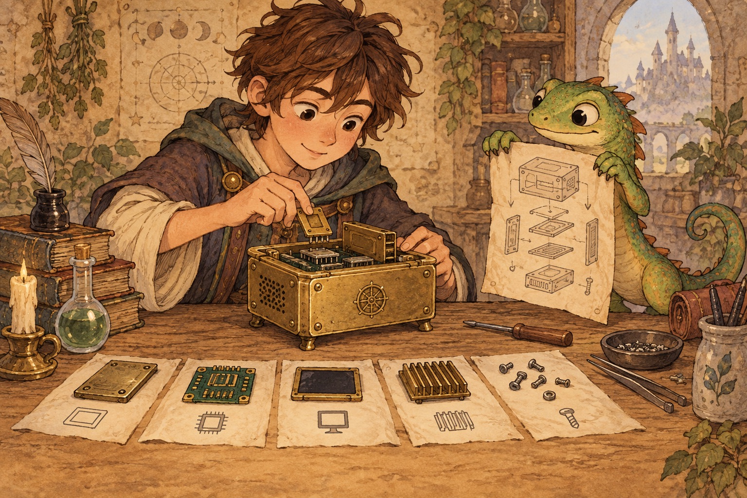 A novice alchemist assembles a tiny brass computer while a friendly lizard holds the instructions upside down.