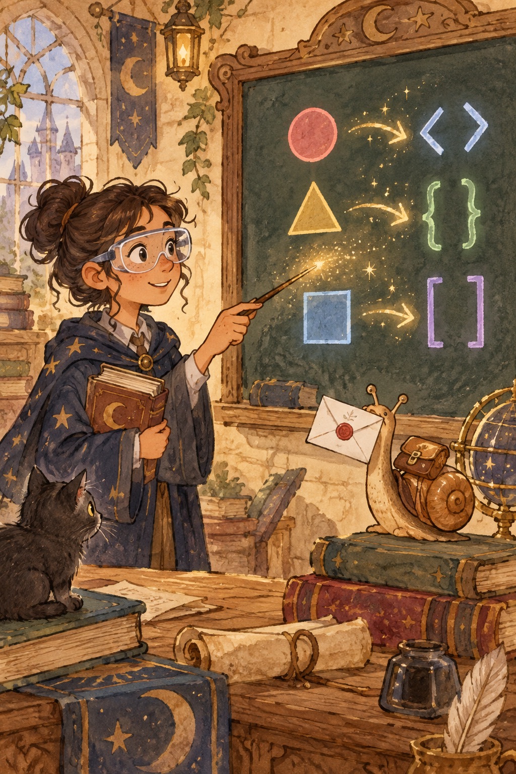 A student in goggles points a wand at a chalkboard where colorful shapes become code brackets.