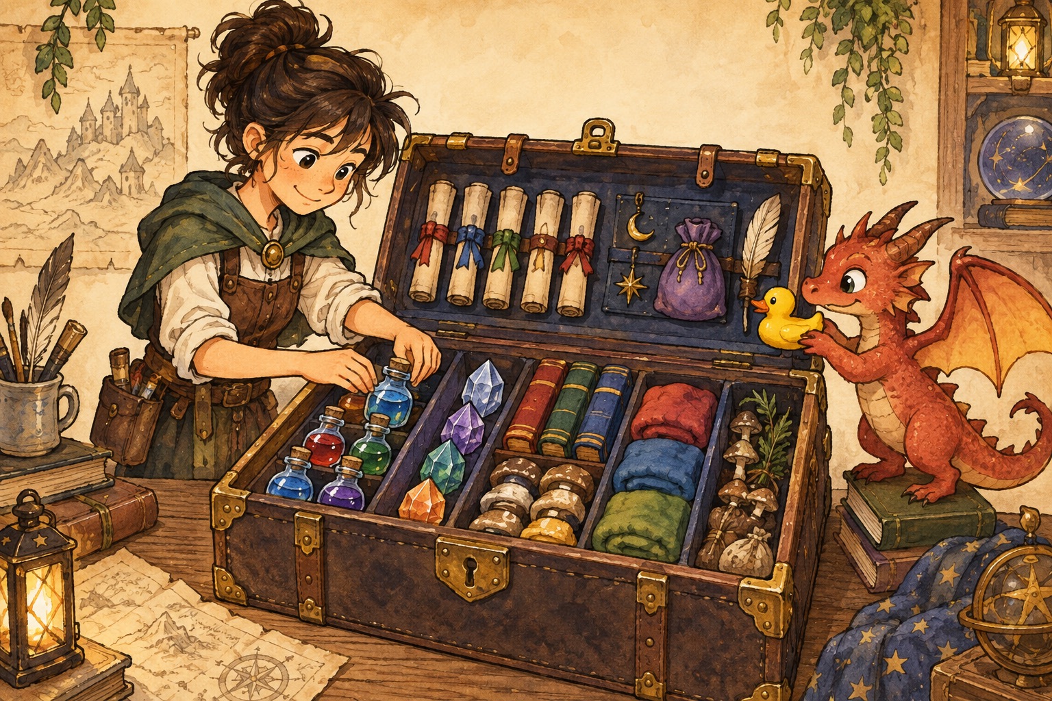An inventor packs a magical trunk in neat rows while a tiny dragon adds a rubber duck.
