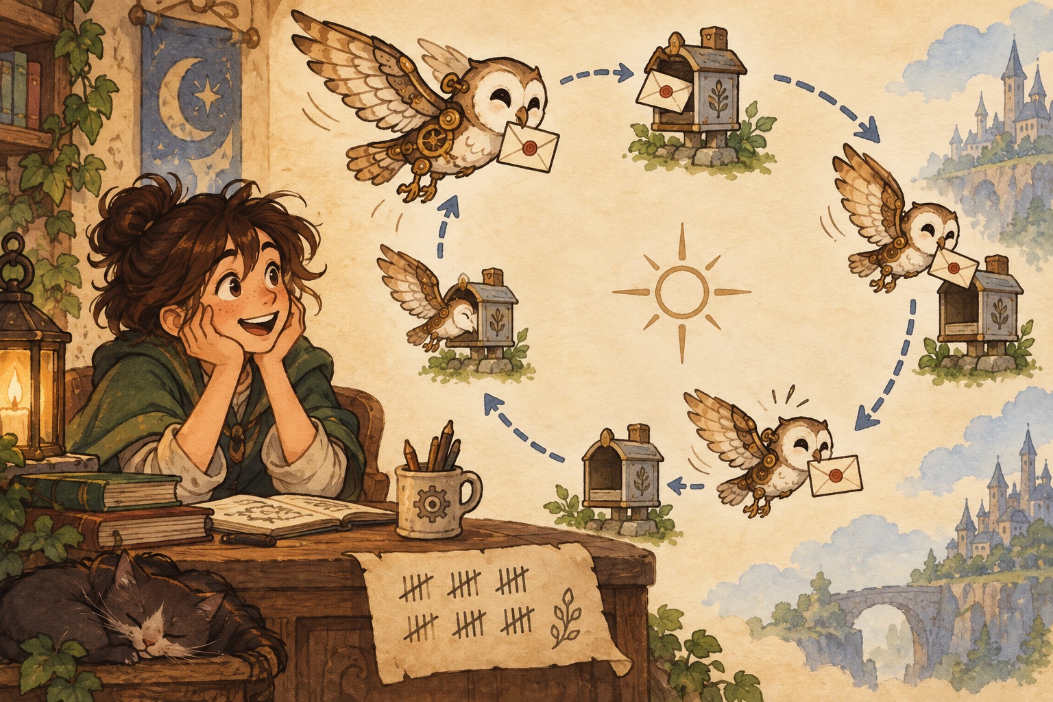 A clockwork owl repeatedly delivers envelopes around a circular path while a coder counts.