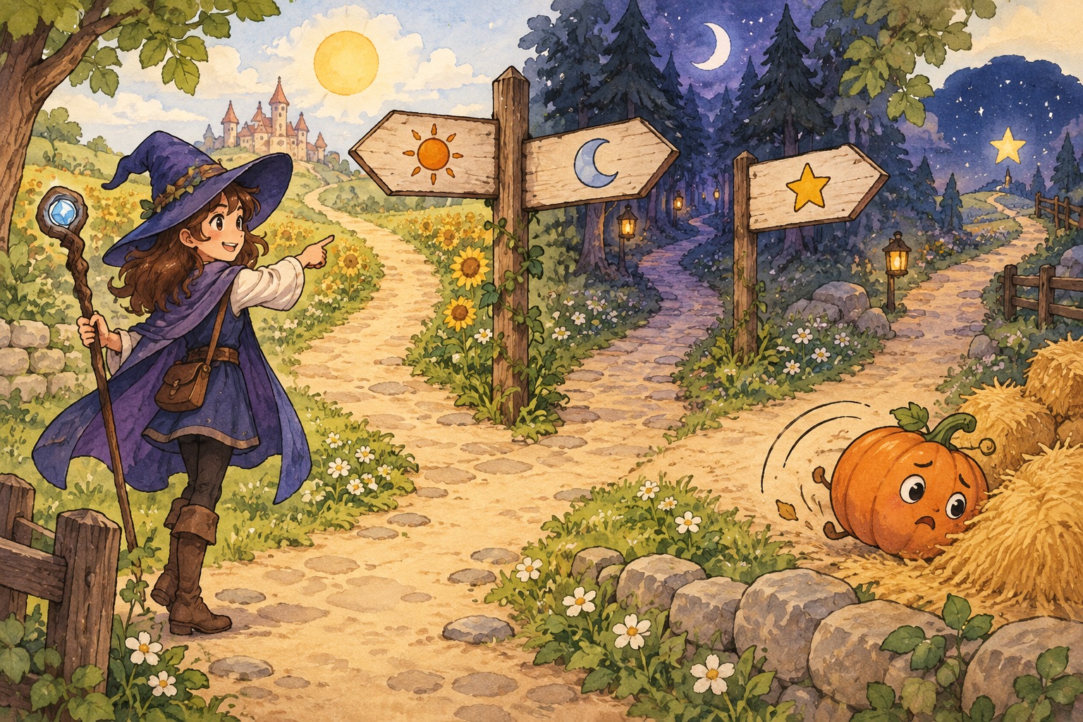 A young mage stands at three garden paths while a pumpkin rolls toward hay.