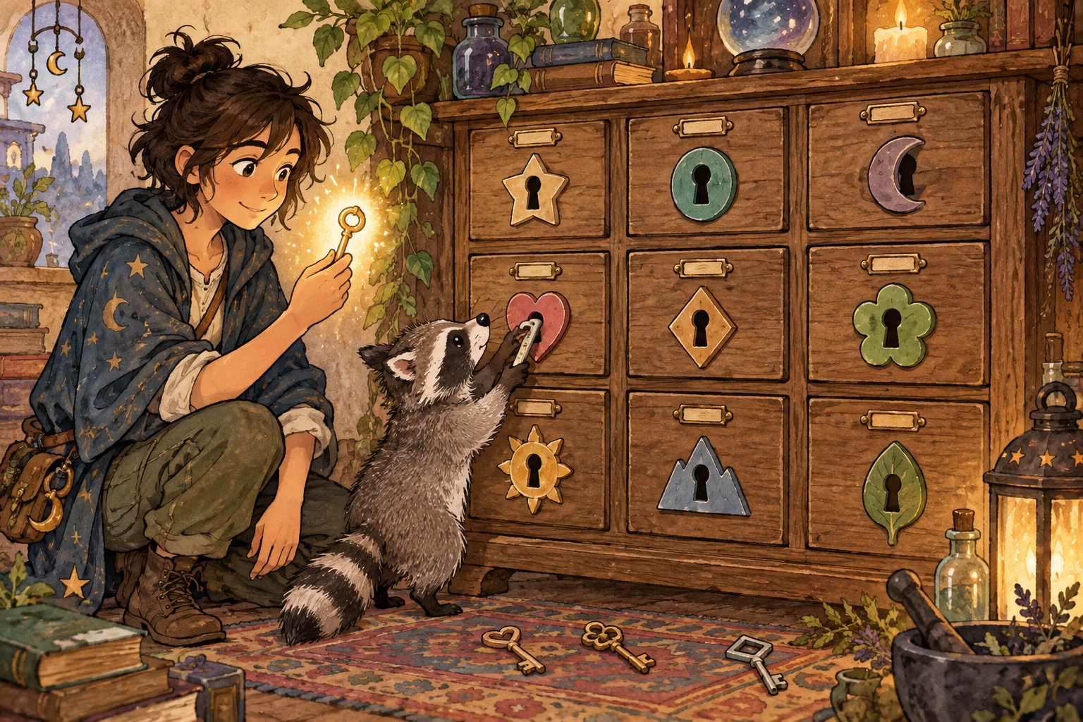 A magical cabinet of key-shaped drawers with a coder and a raccoon trying keys.