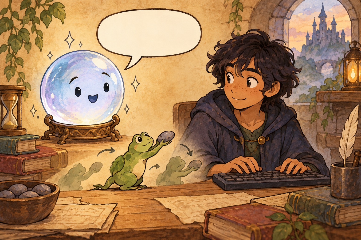 A teen types at a keyboard while a crystal ball asks a question and a tiny frog offers a pebble.