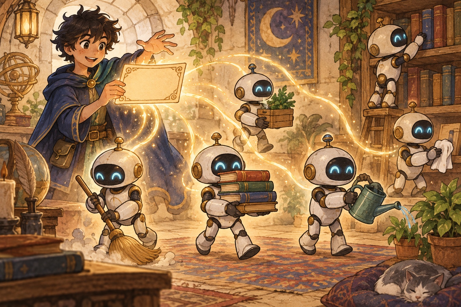 An inventive teen mage makes helpful mini robots from one recipe card.