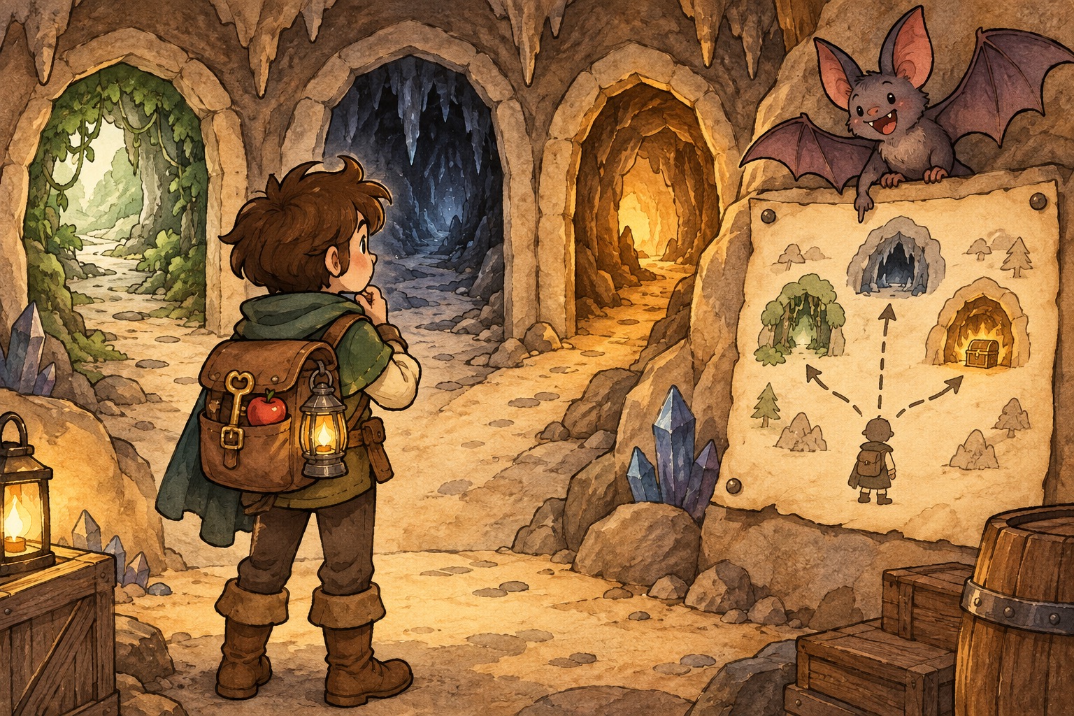 A young adventurer follows a cozy cave map with a backpack holding a key, apple, and lantern.