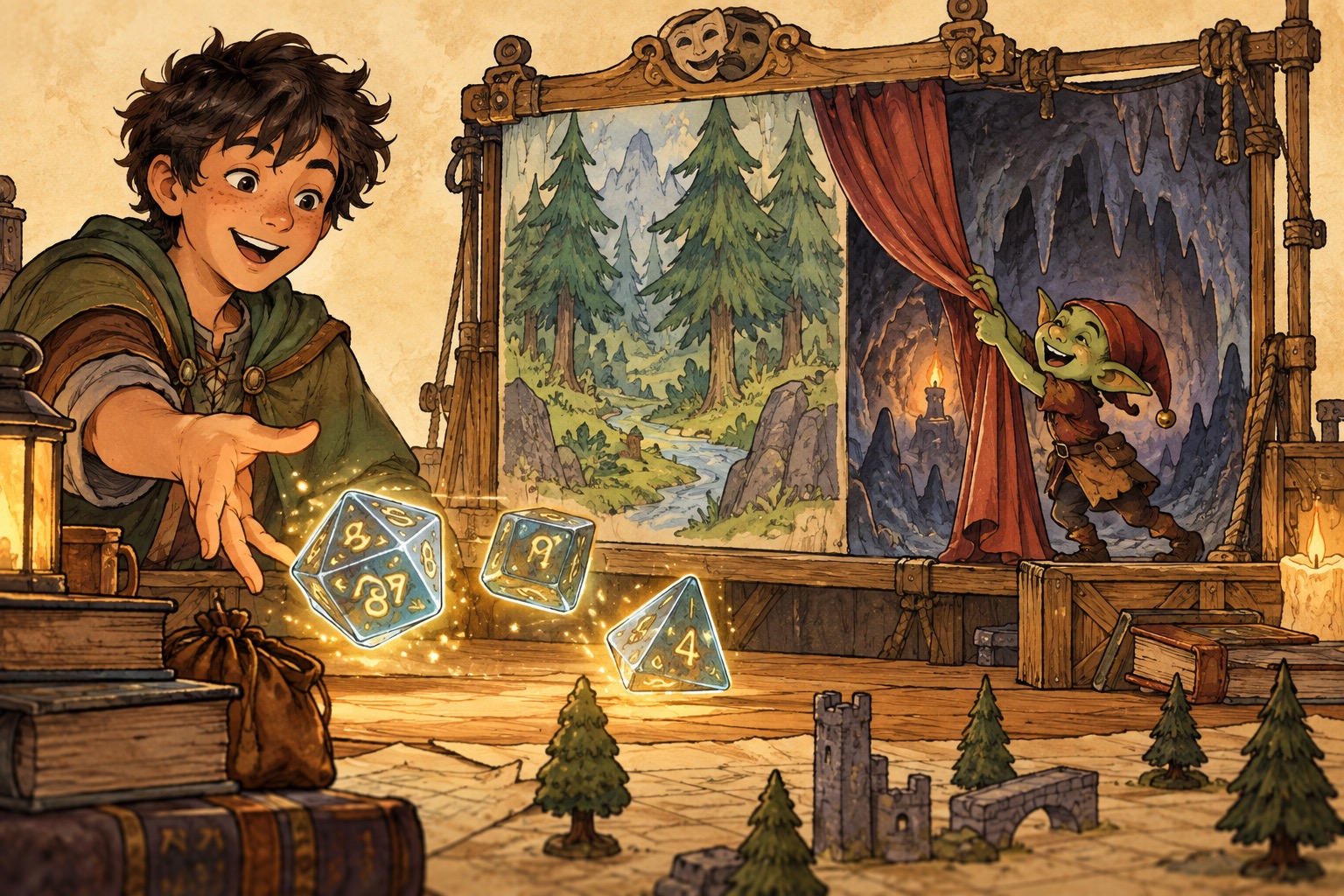A teen rolls glowing dice while a small goblin changes a theater backdrop.
