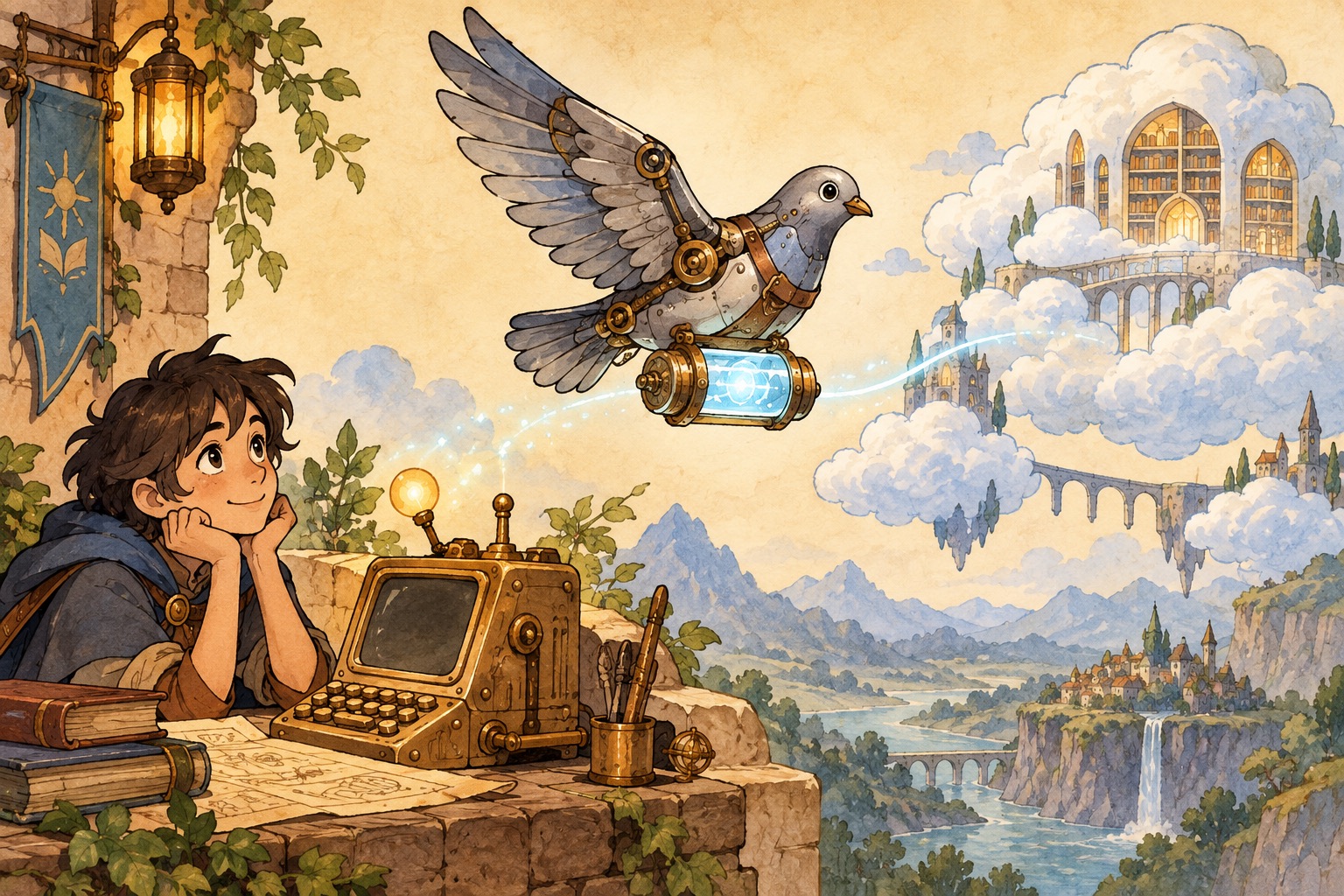 A mechanical pigeon carries a glowing data capsule between a brass computer and a cloud library.