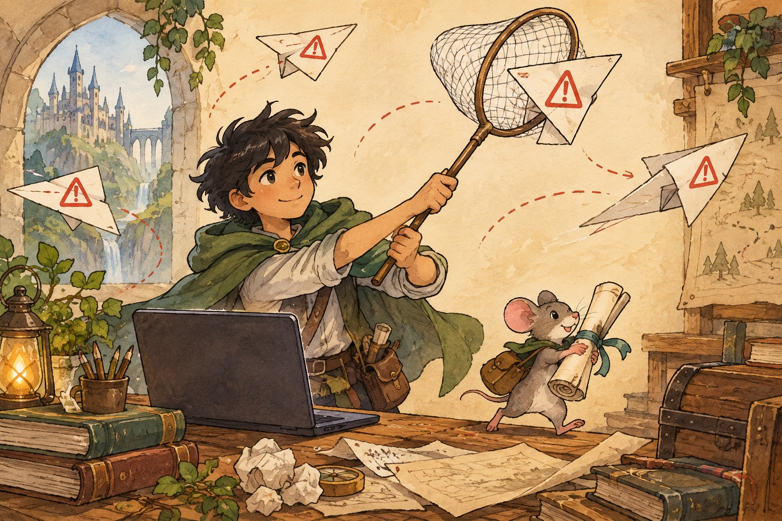 A calm teen coder catches warning paper planes with a butterfly net while a mouse carries a backup scroll.
