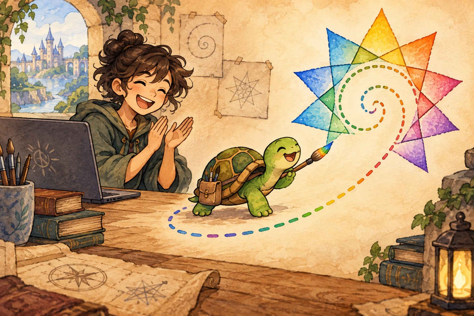 A happy turtle follows a dotted spiral with a paintbrush to draw a geometric star as a coder applauds.