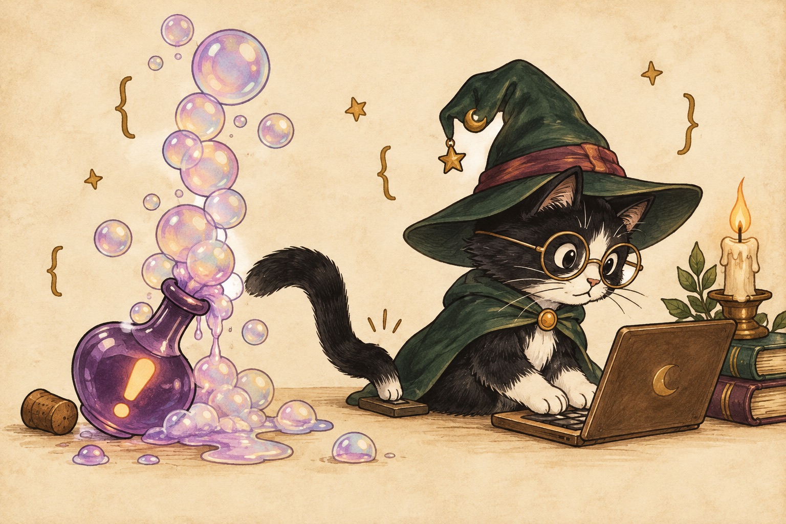 A bespectacled cat in a green wizard hat types at a tiny laptop while a bubbling potion overflows nearby.